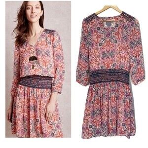 Anthropologie Vanessa Virginia Daytripper Printed Smocked Women's Dress (S)